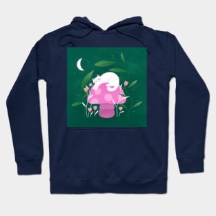 Cute white cat sleeping, mushroom and curious flowers version 3 Hoodie